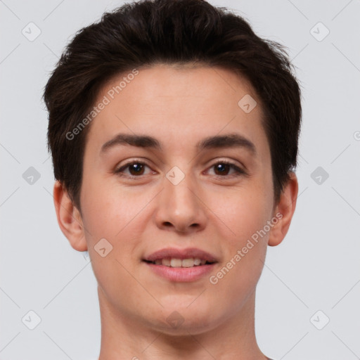 Joyful white young-adult female with short  brown hair and brown eyes