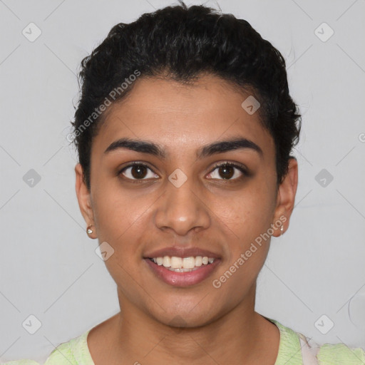 Joyful latino young-adult female with short  brown hair and brown eyes