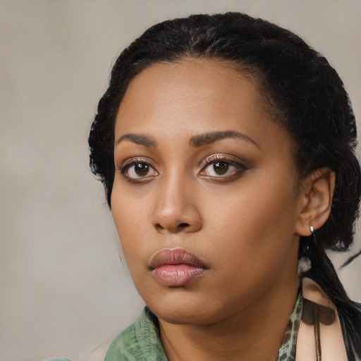 Neutral latino young-adult female with medium  black hair and brown eyes
