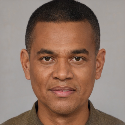 Joyful black adult male with short  brown hair and brown eyes
