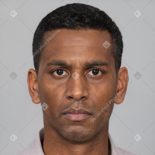 Neutral latino young-adult male with short  black hair and brown eyes