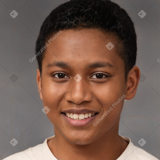 Joyful black young-adult male with short  brown hair and brown eyes