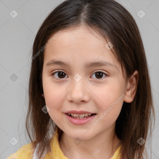 Joyful white child female with medium  brown hair and brown eyes