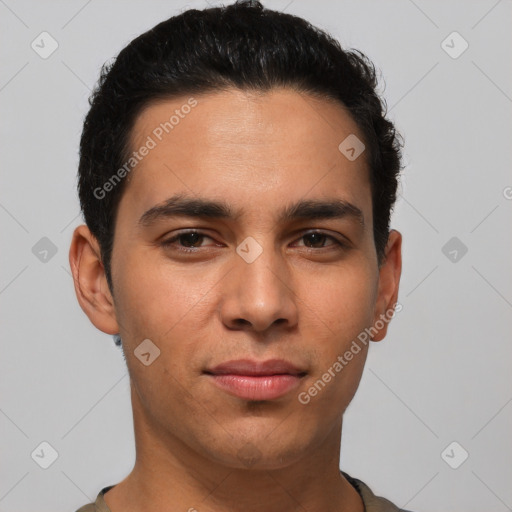 Joyful white young-adult male with short  black hair and brown eyes