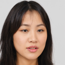 Neutral asian young-adult female with long  brown hair and brown eyes