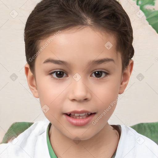 Joyful white child female with short  brown hair and brown eyes