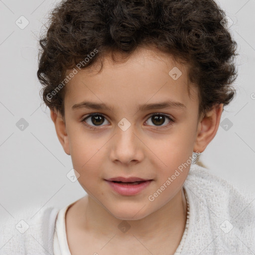 Joyful white child male with short  brown hair and brown eyes