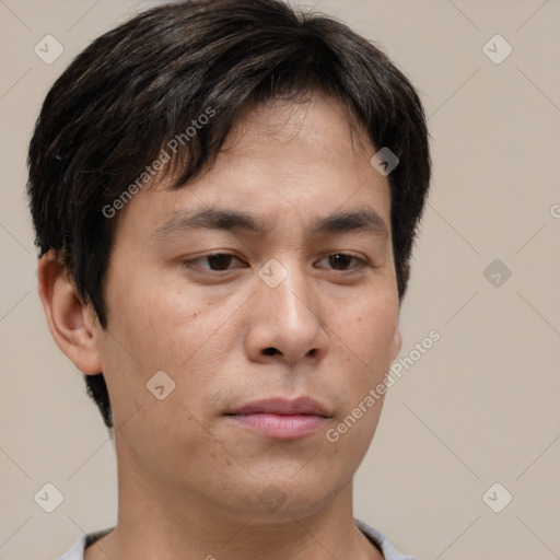 Neutral asian young-adult male with short  brown hair and brown eyes