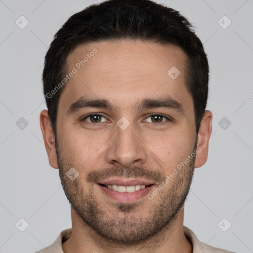 Joyful white young-adult male with short  brown hair and brown eyes