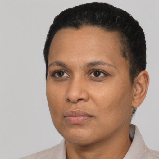 Neutral black young-adult female with short  black hair and brown eyes