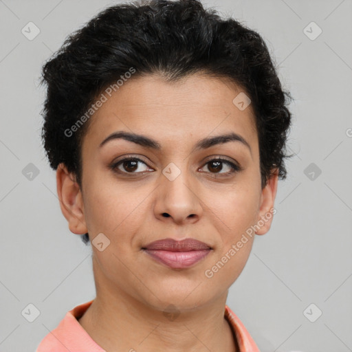 Joyful latino young-adult female with short  brown hair and brown eyes