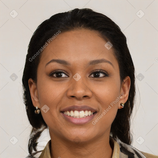 Joyful black young-adult female with medium  brown hair and brown eyes