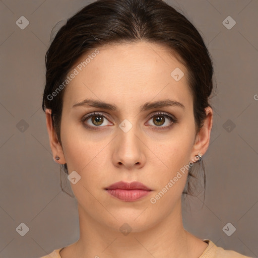 Neutral white young-adult female with short  brown hair and brown eyes