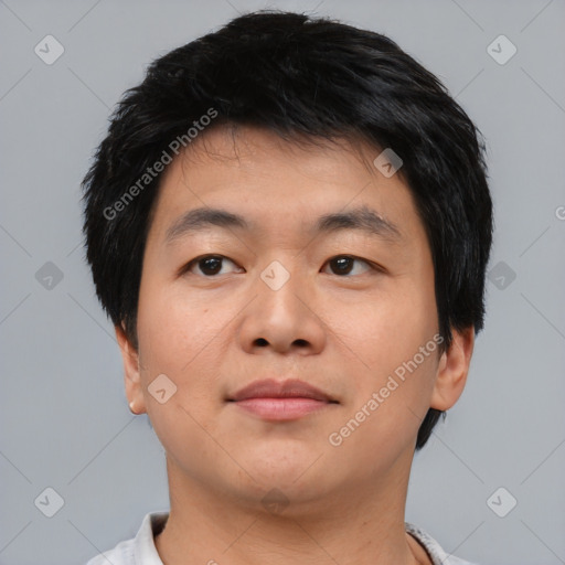 Neutral asian young-adult male with short  black hair and brown eyes