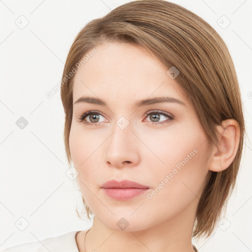 Neutral white young-adult female with medium  brown hair and brown eyes