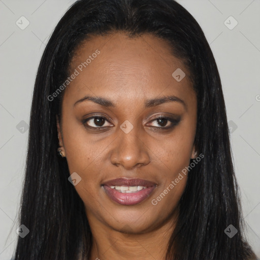 Joyful asian young-adult female with long  brown hair and brown eyes