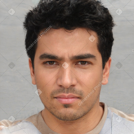 Neutral white young-adult male with short  black hair and brown eyes