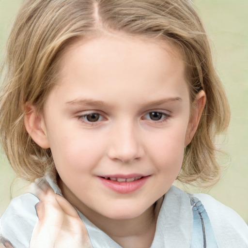 Joyful white child female with medium  brown hair and blue eyes