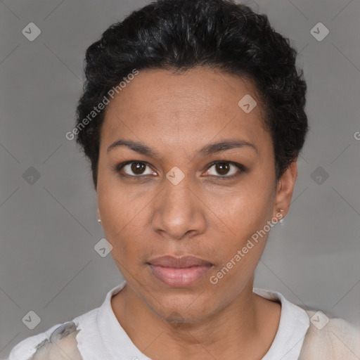 Neutral latino young-adult female with short  black hair and brown eyes