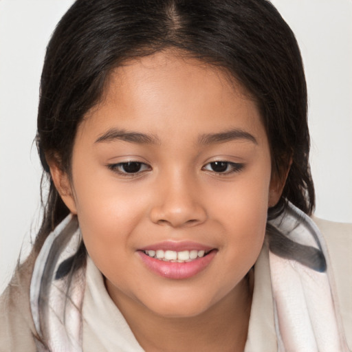 Joyful white child female with medium  brown hair and brown eyes