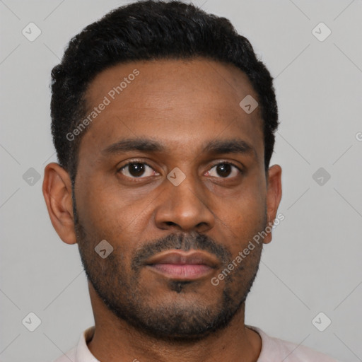 Neutral latino young-adult male with short  black hair and brown eyes