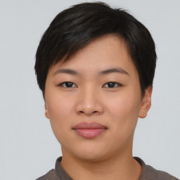 Neutral asian young-adult female with short  black hair and brown eyes