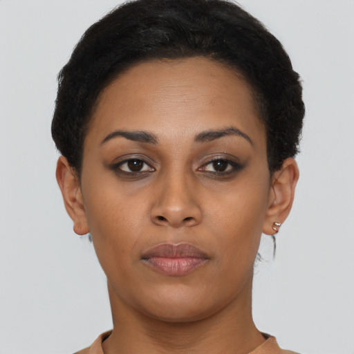 Neutral black young-adult female with short  brown hair and brown eyes