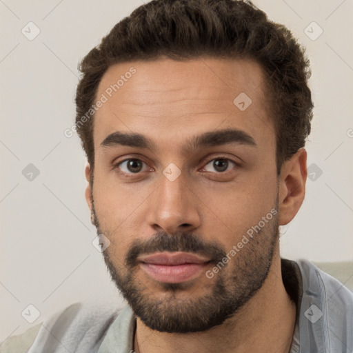 Neutral white young-adult male with short  brown hair and brown eyes