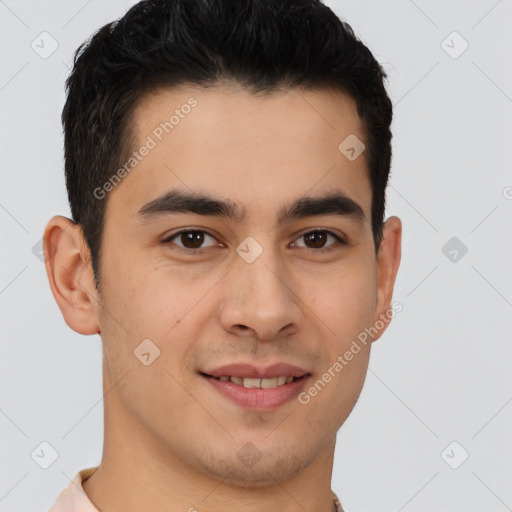 Joyful latino young-adult male with short  brown hair and brown eyes