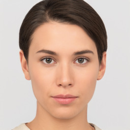 Neutral asian young-adult female with short  brown hair and brown eyes