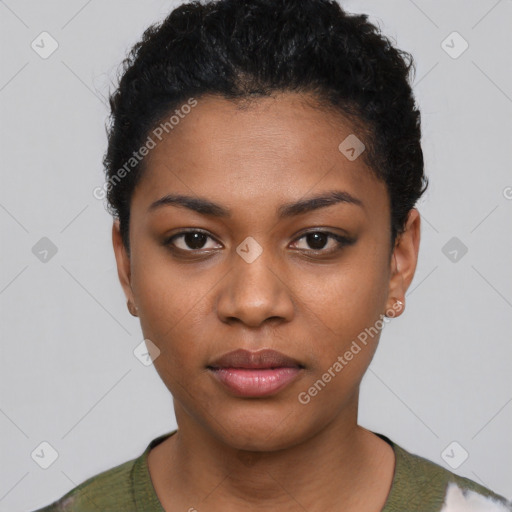 Neutral black young-adult female with short  black hair and brown eyes