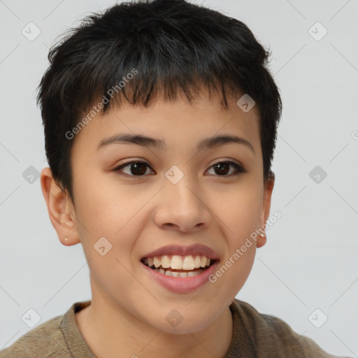 Joyful asian young-adult female with short  brown hair and brown eyes