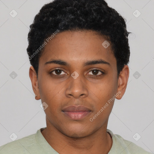 Neutral black young-adult female with short  black hair and brown eyes