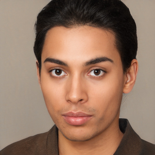 Neutral latino young-adult male with short  brown hair and brown eyes