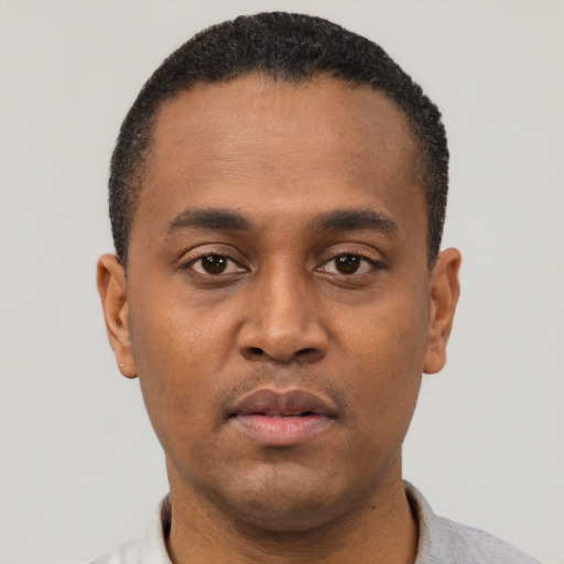 Neutral black young-adult male with short  black hair and brown eyes