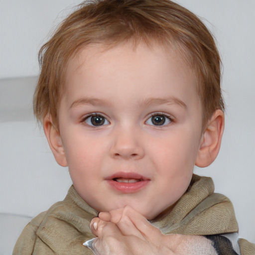 Neutral white child female with short  brown hair and blue eyes