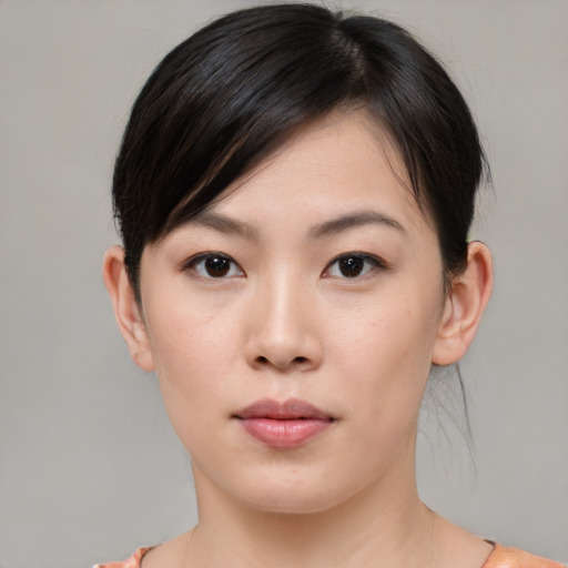 Neutral white young-adult female with medium  black hair and brown eyes