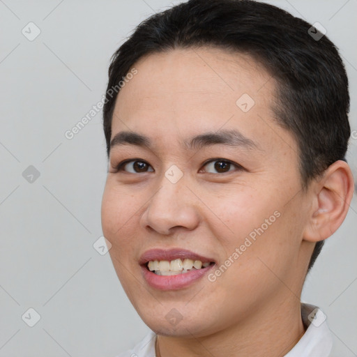 Joyful white young-adult female with short  brown hair and brown eyes