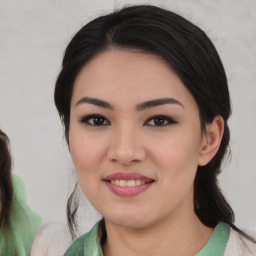 Joyful white young-adult female with medium  black hair and brown eyes