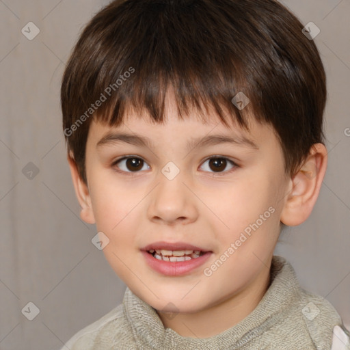 Joyful white child male with short  brown hair and brown eyes