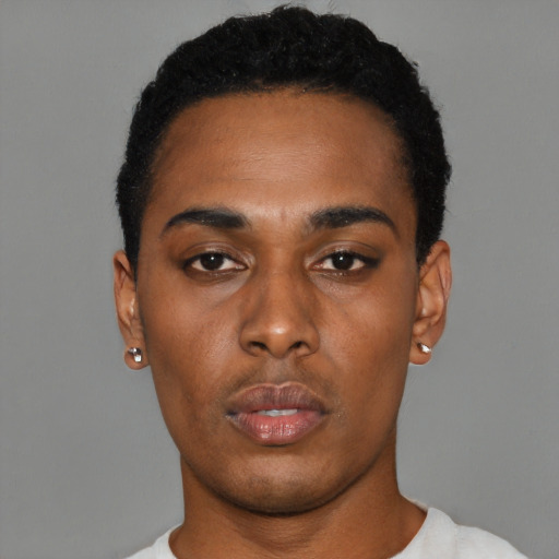 Neutral black young-adult male with short  black hair and brown eyes