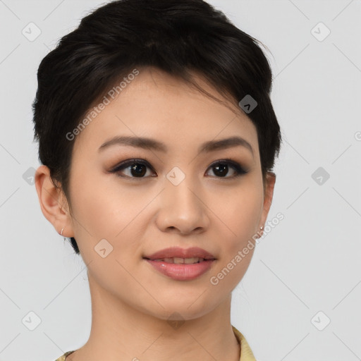 Joyful asian young-adult female with short  brown hair and brown eyes