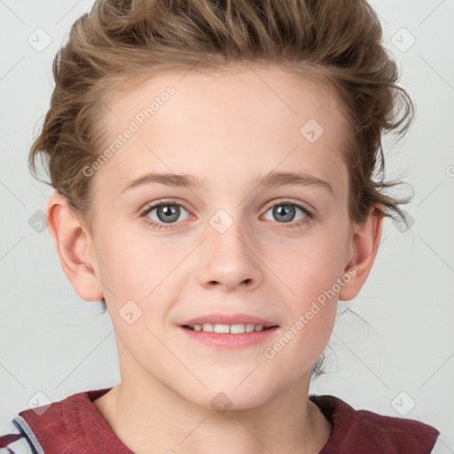 Joyful white child female with medium  brown hair and blue eyes