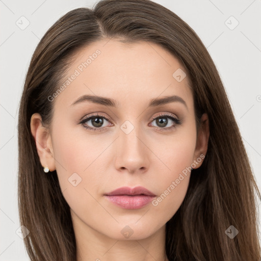 Neutral white young-adult female with long  brown hair and grey eyes