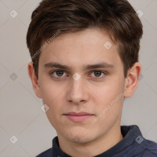 Neutral white young-adult male with short  brown hair and brown eyes