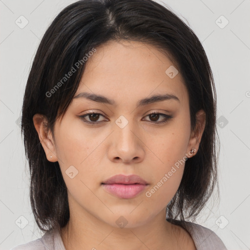 Neutral asian young-adult female with medium  brown hair and brown eyes