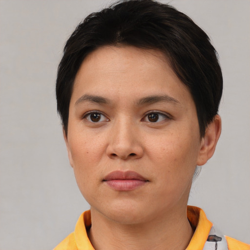 Neutral white young-adult female with short  brown hair and brown eyes