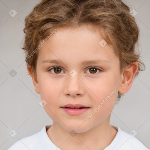 Joyful white child female with short  brown hair and brown eyes