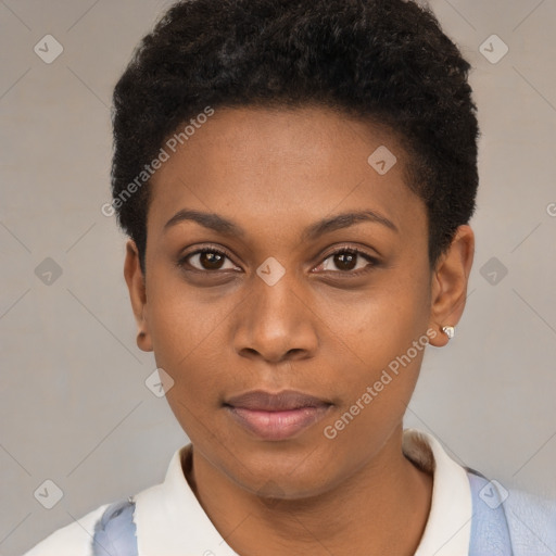 Neutral black young-adult female with short  black hair and brown eyes