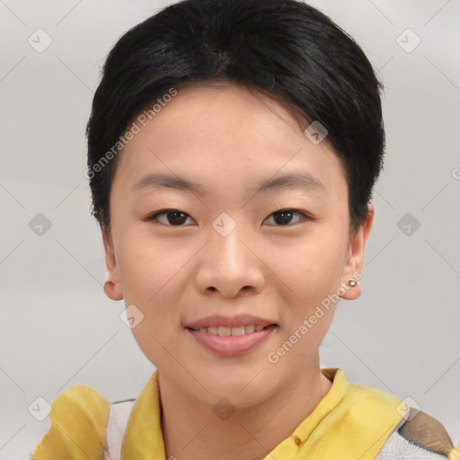 Joyful asian young-adult female with short  brown hair and brown eyes